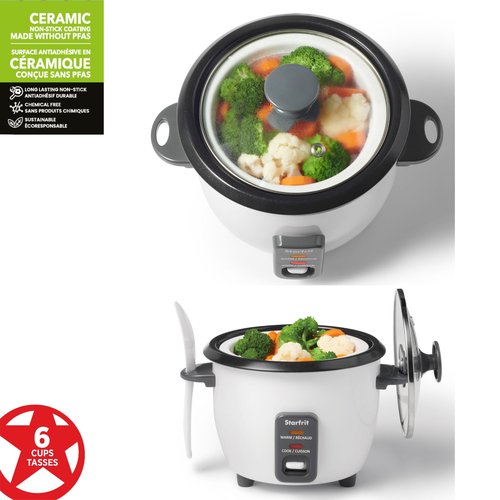 Starfrit Electric Rice Cooker - 6 Cups - Steamer Basket, Measuring Cup & Service Spoon - 300W - Makes Perfect Rice!