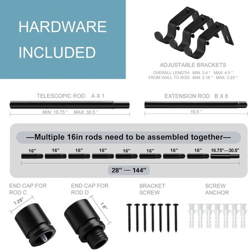 Byondeth Curtain Rods - Adjustable 16 to 144 Inches | 1 Inch Diameter | Black Aluminum Finials