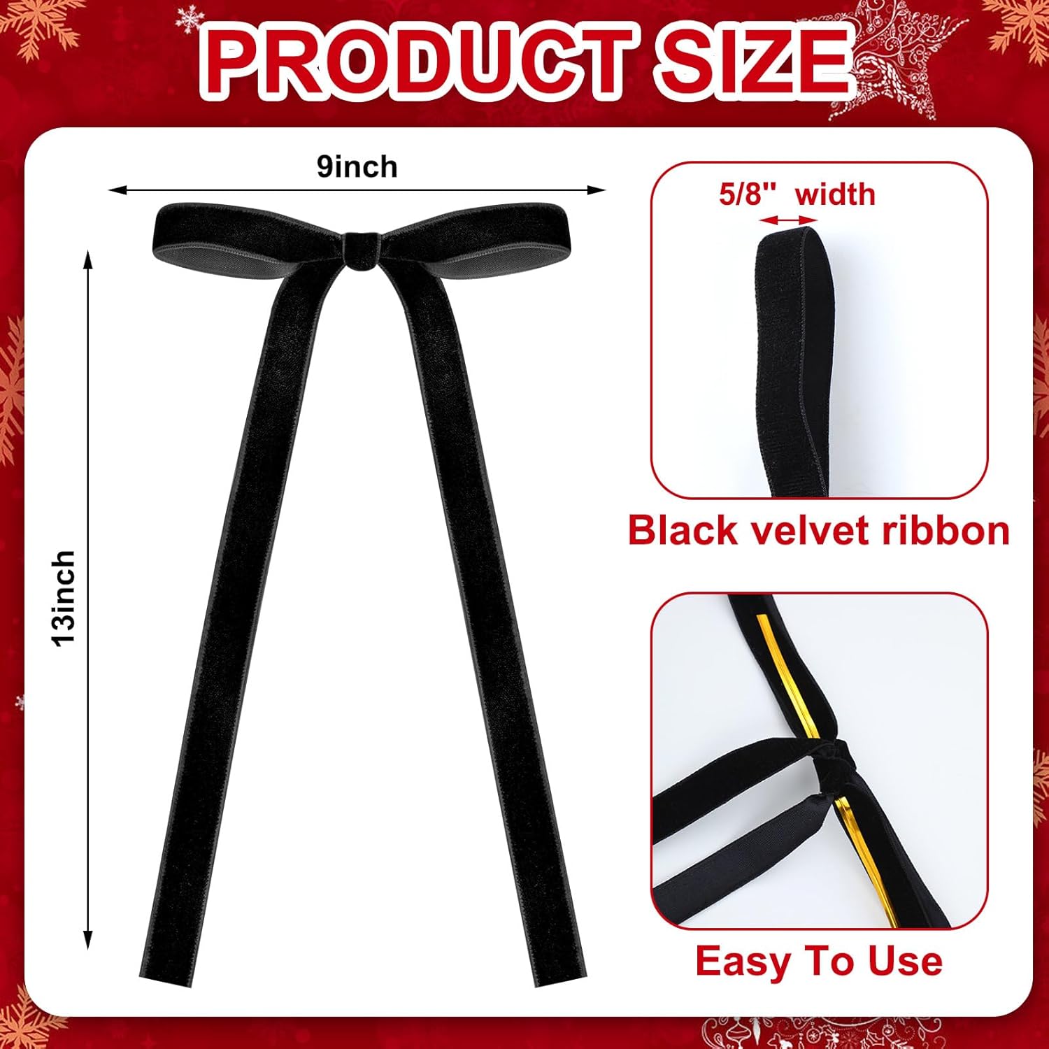 Skiennix 24 Pcs Velvet Bows - Vintage Ribbon Decorations for Christmas Trees & Crafts | Black, 9 x 13 Inch