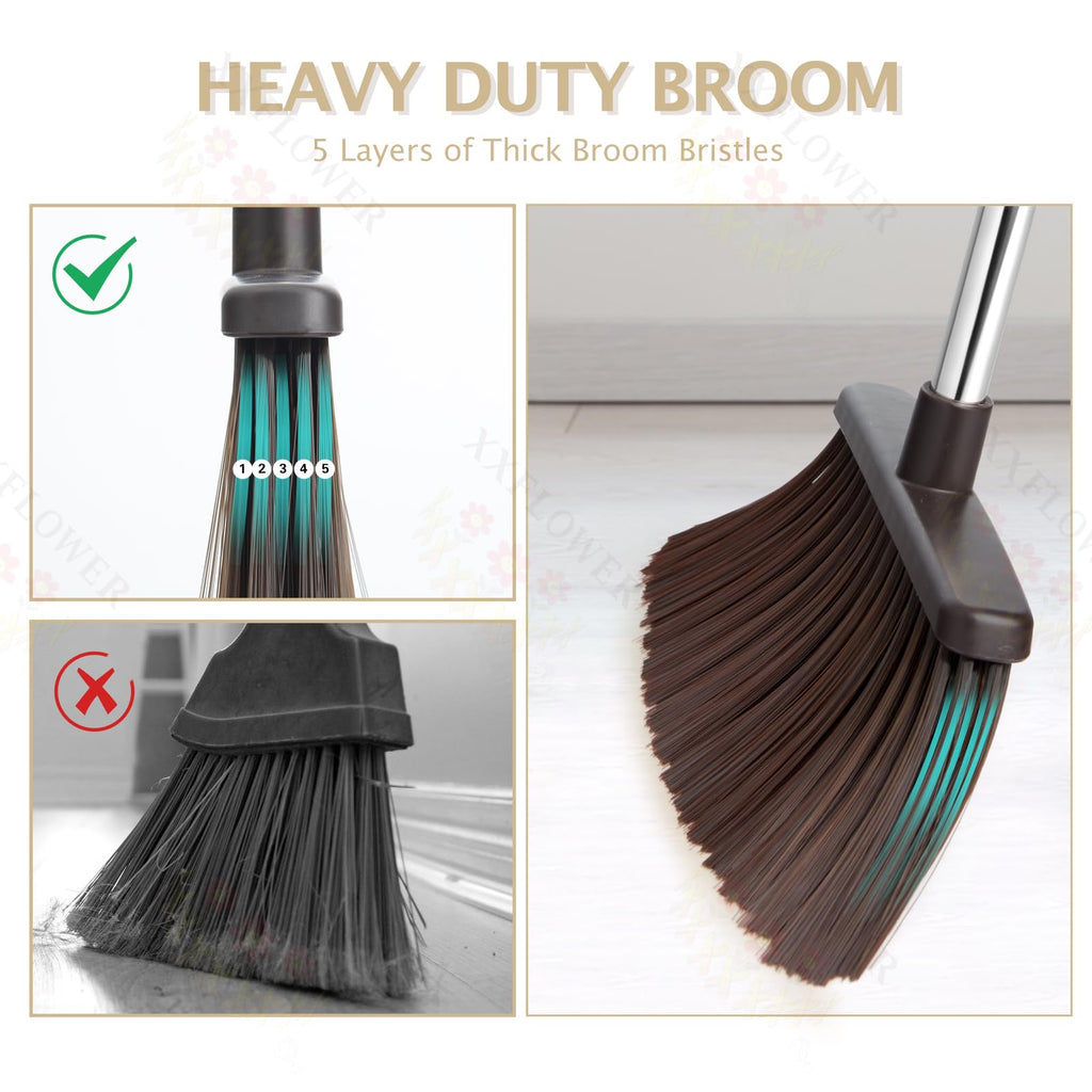 XXFLOWER Broom and Dustpan Set with Long Handle, Heavy Dust Broom and Dustpan Combo for Home，Kitchen, Office, Pet Hair(Beige)