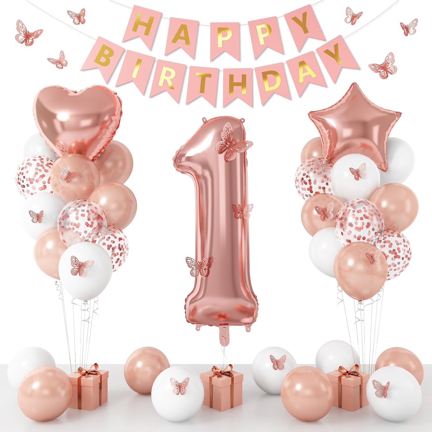 Rose Gold 1st Birthday Decoration Set | 1st Birthday Balloon with Butterfly Stickers & Foil Balloons