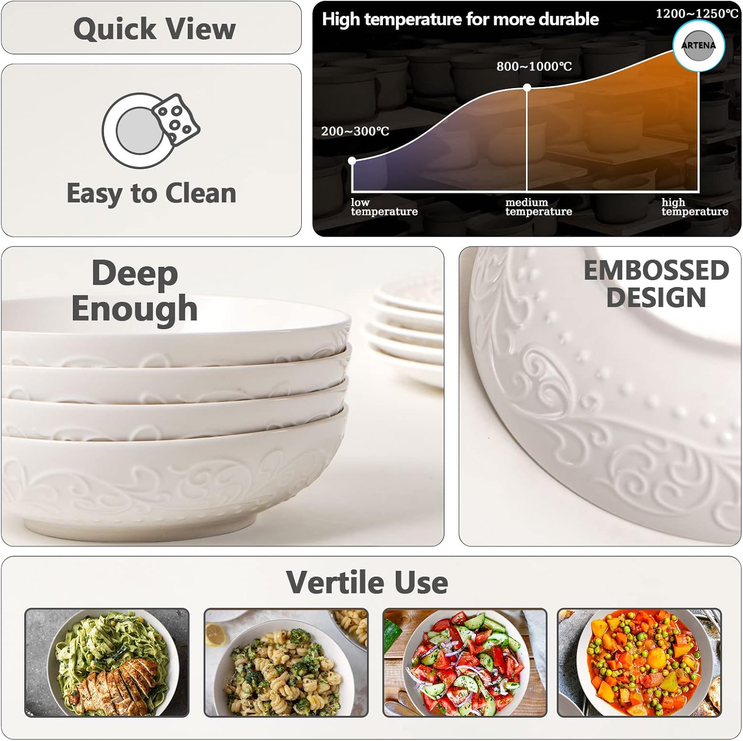 Artena Ceramic Pasta Bowls - 32oz Large Salad Bowls Set of 4 | White Embossed, Microwave & Dishwasher Safe