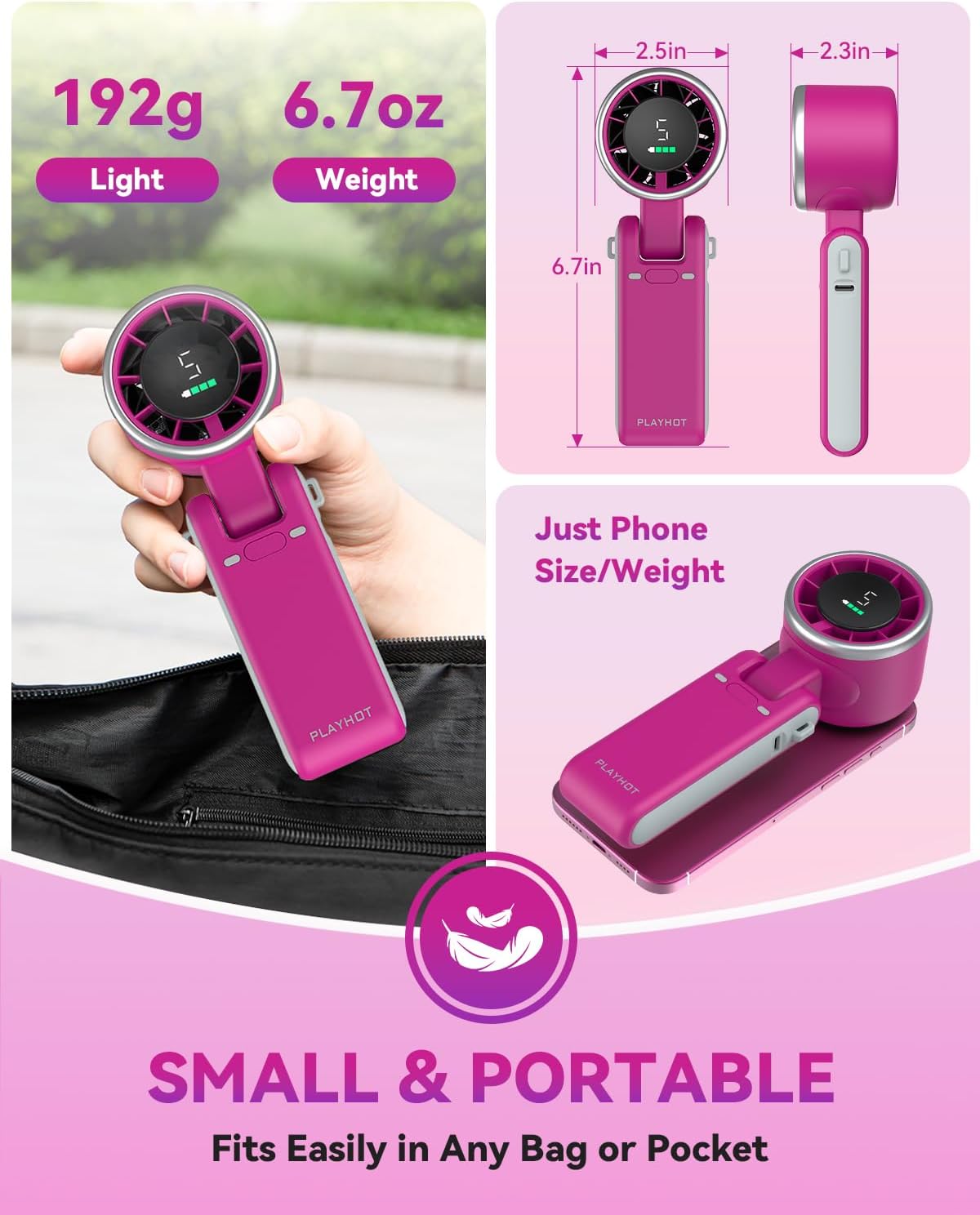 PlayHot Portable Handheld Turbo Fan - 5-Speed Rechargeable Personal Fan | 5000mAh Battery, 12-Hour Run Time, 3-in-1 Design (Magenta)