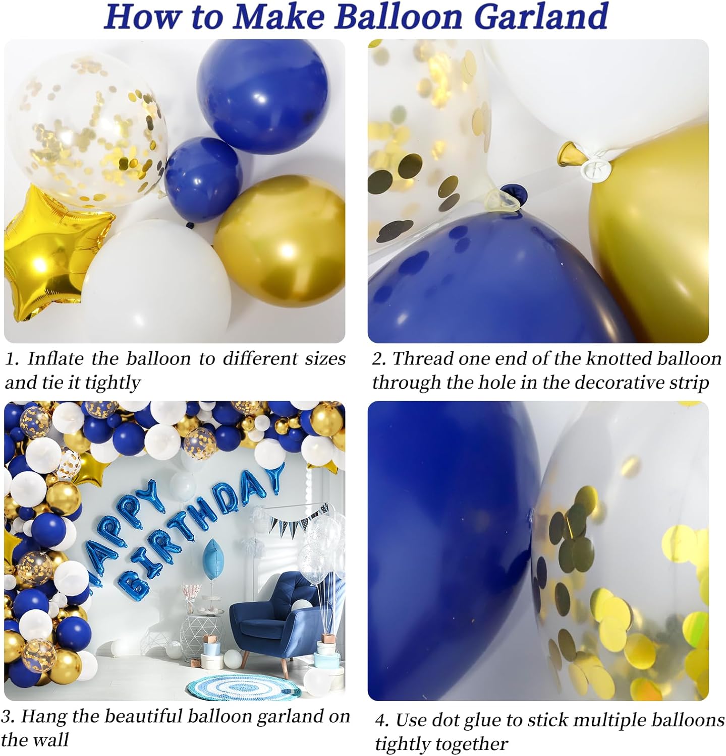 RUBFAC Royal Blue Gold Balloon Garland Arch Kit - Metallic & Star Foil Balloons for Parties