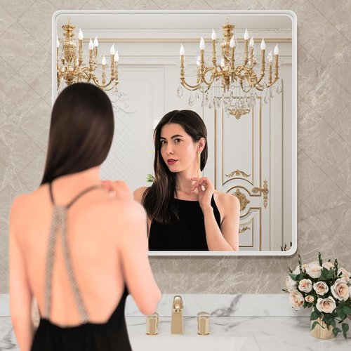 LOAAO White Metal Framed Bathroom Mirror - 36x36 Inch Large Rounded Rectangle | Anti-Rust Tempered Glass