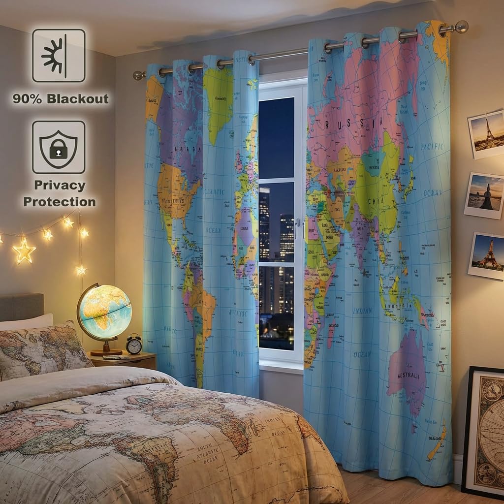 terxgrl World Map Blackout Curtains for Girls Boy Home Decor, Geography Educational Tourist Map Grommet Thermal Insulated Drapes Darkening Window Curtain for Bedroom Living Room, 42 x 45 Inch
