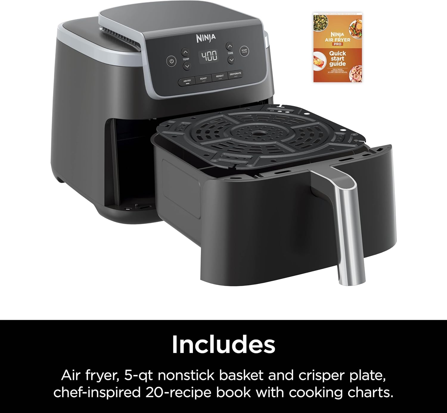 Ninja Air Fryer - 5 QT Capacity for Up to 4lbs of Fries | 4-in-1 Air Fry, Roast, Reheat, Dehydrate | 400°F Max Temp | Nonstick Basket & Crisper Plate | Grey | AF141