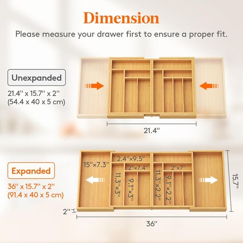 Lifewit Expandable Bamboo Silverware Drawer Organizer - Adjustable Utensil Tray for Kitchen | 21.4 to 36 Inches Wide, 13 Compartments