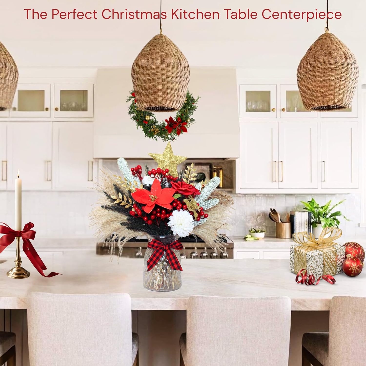 RyddeligHome Christmas Centerpieces - 100pcs Holiday Floral Arrangements in Vase | Red Poinsettia & Pine