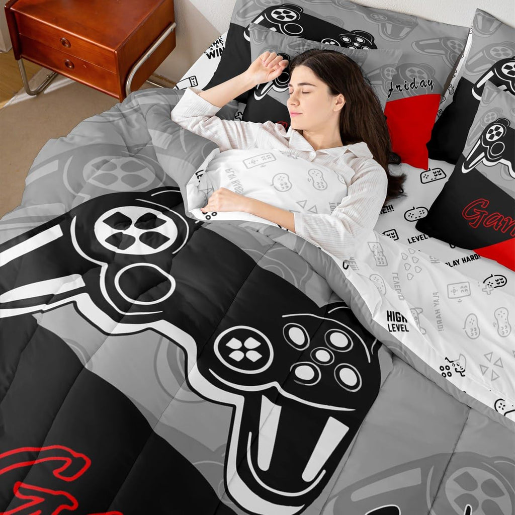 Feelyou Gamer Comforter Set with Sheets for Boys Teens Gaming 7 Piece Bedding Set Queen Size Video Game Contoller Home Bed in a Bag Decor for Kids Bed Set