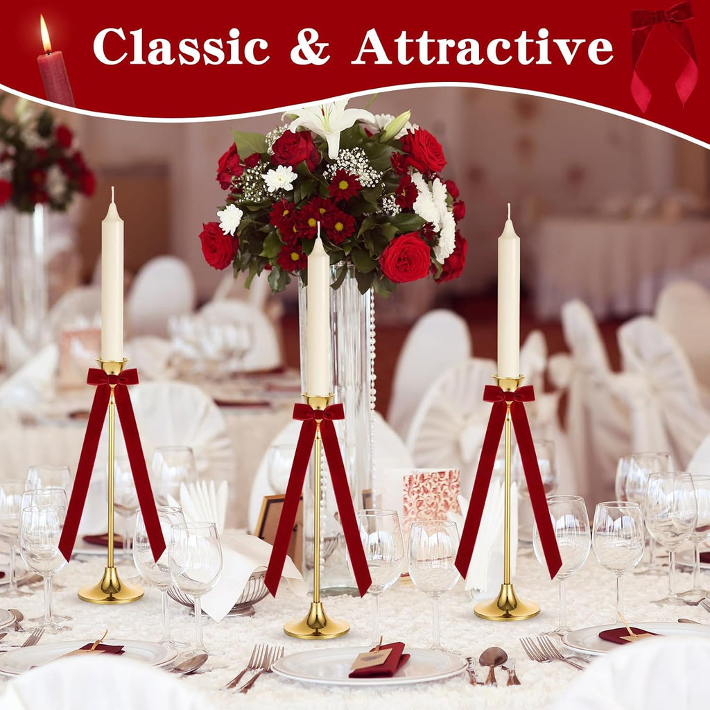 Regine Switzerland 12Pcs Red Velvet Christmas Candlestick Bows - 13 Inch Self-Adhesive Decor for Weddings & Parties