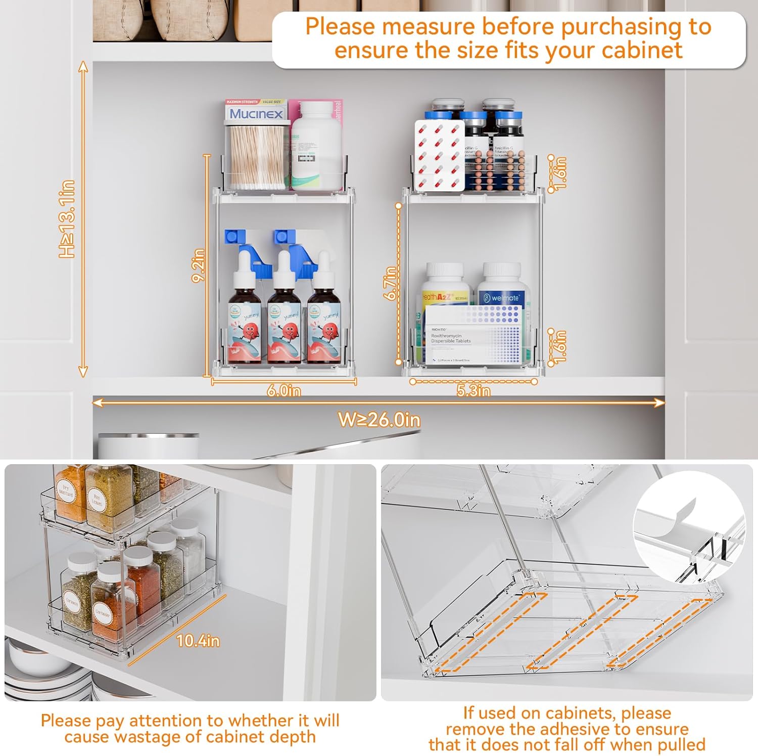 Yieach 4 Set Bathroom Organizers - 2 Tier Clear Under Sink & Medicine Cabinet Storage | Ideal for Kitchen & Pantry