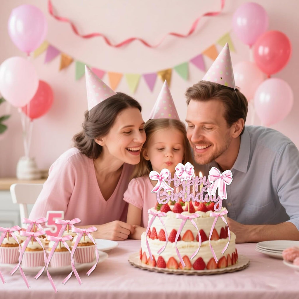 Tmtains 21Pcs Pink Bow Cake Toppers - Glitter Happy Birthday Sign & Cute Party Decorations