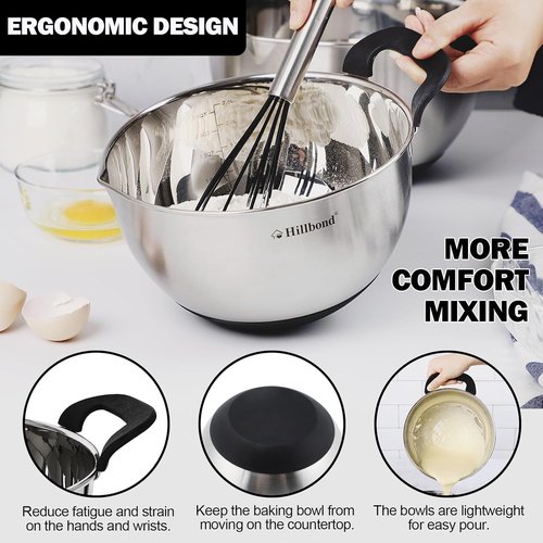 Hillbond Stainless Steel Mixing Bowls Set - 3 Bowls with Lids, Pour Spout & Non-Slip Bottoms | Black