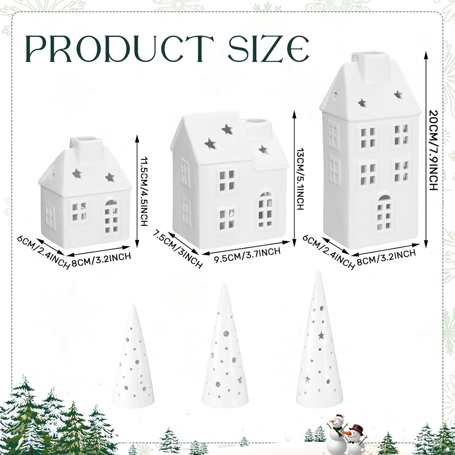 Newtay Ceramic LED Christmas Village Set - 3 LED Houses & 3 Porcelain Trees | White Decor for Tabletop & Mantel