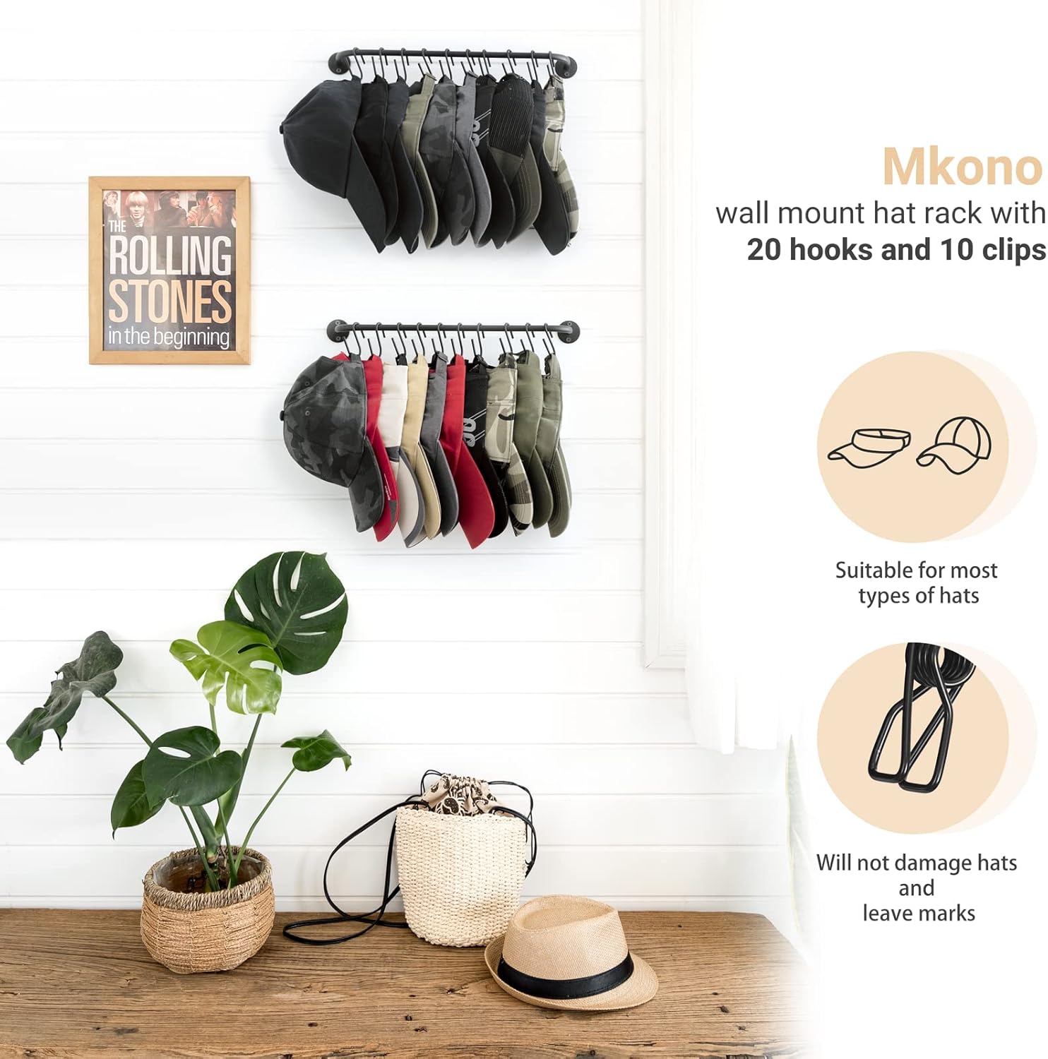Mkono Hat Rack - Modern Wall-Mounted Baseball Cap Organizer with 20 Hooks | Set of 2 Black