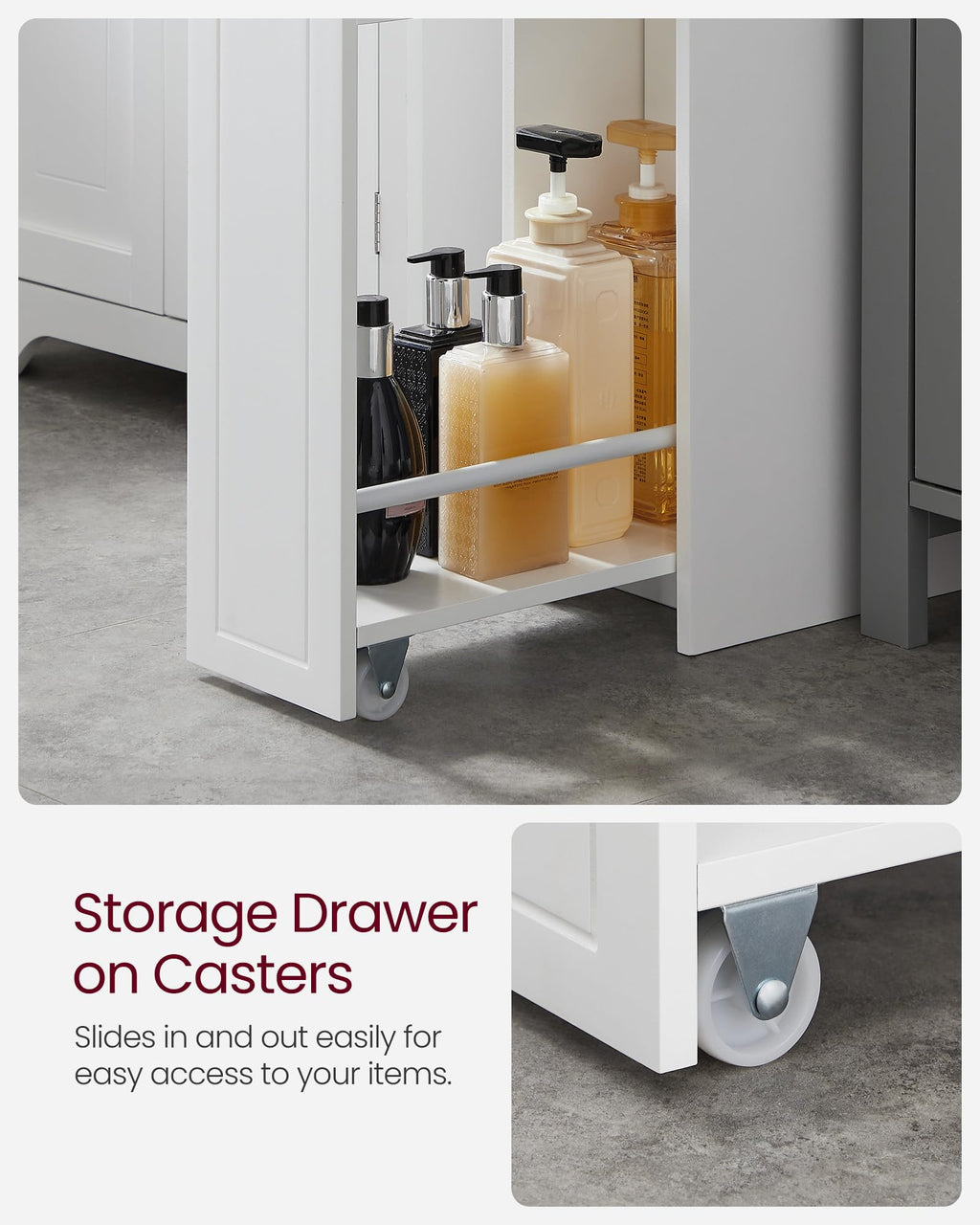 VASAGLE Slim Storage Cabinet, Narrow Storage Organizer with Slide Out Drawers, Freestanding Toilet Paper Holder, Small Space Skinny Cabinet for Bathroom Kitchen Corner, Cloud White UBBC847P31