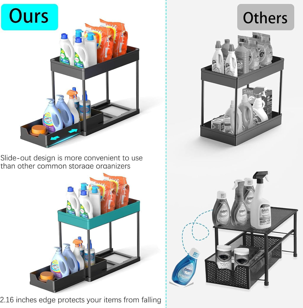 Under Sink Organizers by [Brand Name] - 2-Tier Sliding Cabinet Basket with Hooks | Multi-Purpose Storage for Bathroom & Kitchen