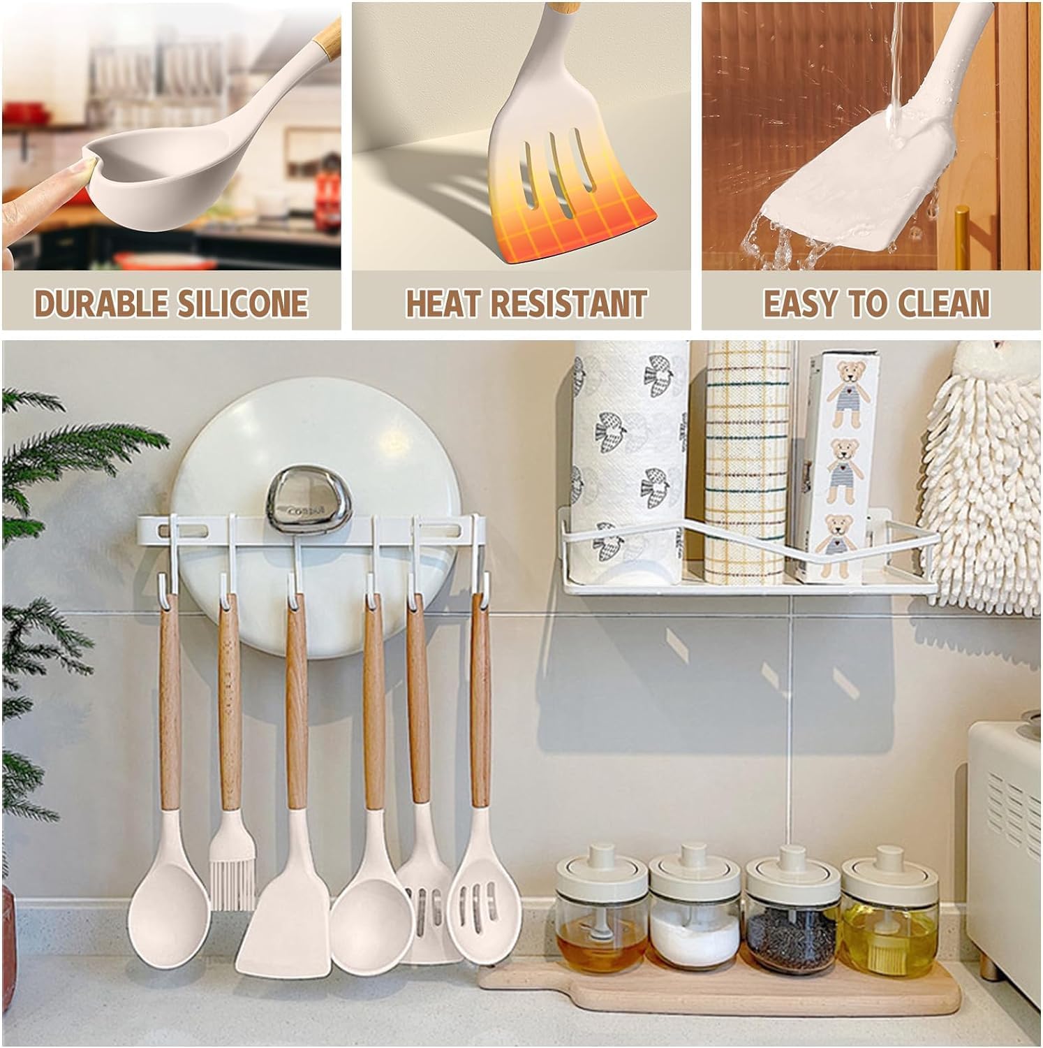 Umite Chef 33-Piece Non-Stick Silicone Cooking Utensils Set - Wooden Handle & Holder (Khaki)