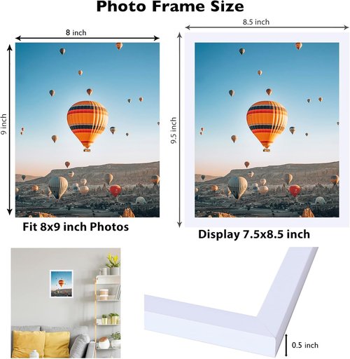 JCJMY 8x9 Picture Frame - White Wall Mount & Tabletop Display | Shatter-Resistant Plexiglass