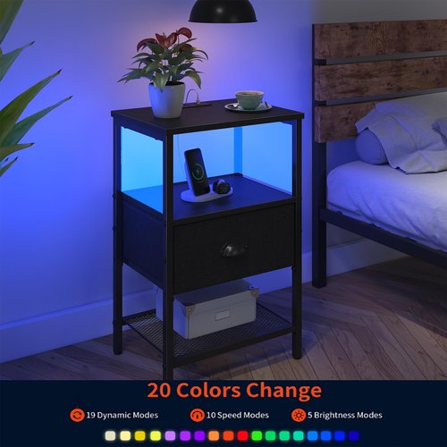 Sthmec Nightstands Set of 2, LED Bedside Tables with Charging Station and Fabric Drawer, Night Stand with Storage, 3 Tier Side Table with Open Shelf, LED Nightstand with Charging Station, Black