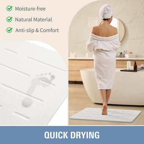 OTHWAY Large Stone Bath Mat, 32"x 20" Diatomaceous Earth Bath Mat for Bathroom Quick Drying Absorbing, Long Non-Slip Diatomite Hard Stone Shower Mat Instant Dry(White Grey)