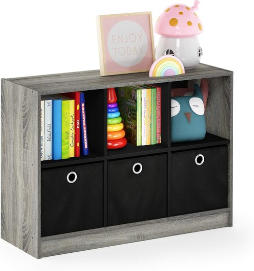Furinno Basic 3x2 Cube Storage Bookcase - Stylish Organizer with Bins | French Oak Grey/Black