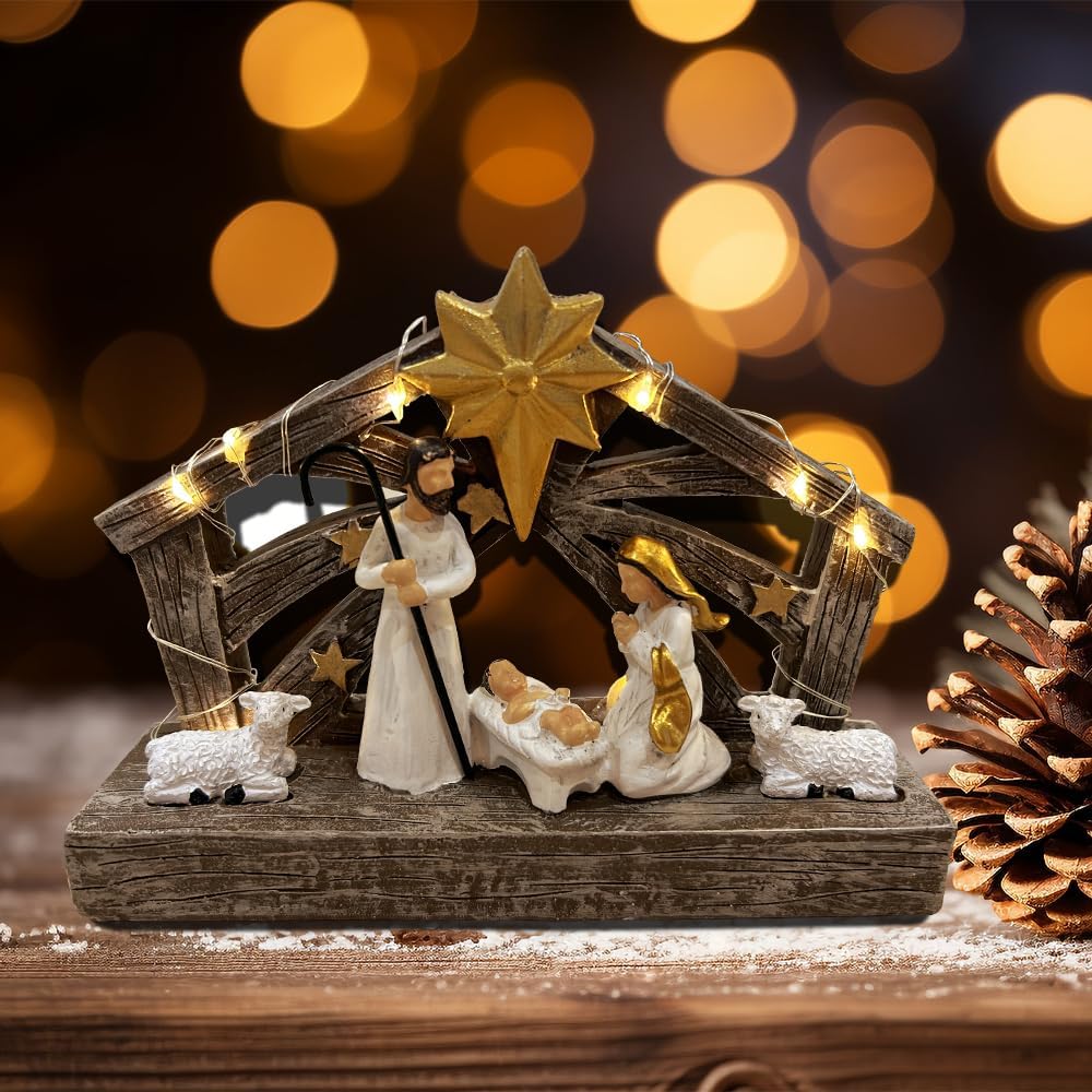 Nativity Scene | Hand-Painted Resin Figures with Lights - First Christmas Story Decoration for Indoor Display