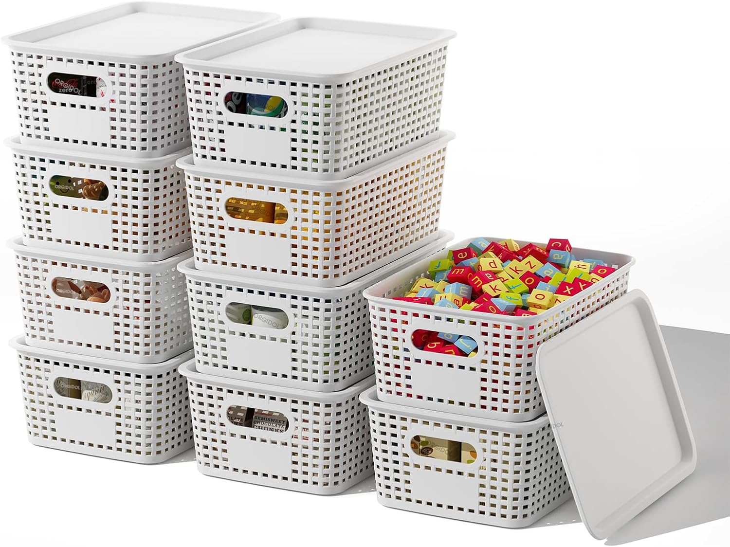 ORGIDOL Plastic Storage Baskets - 10 Pack Stackable Bins with Lids for Organizing | White