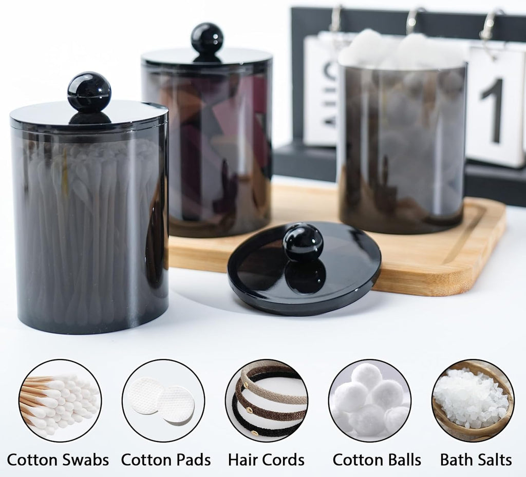 XIPENGKEJI Qtip Holder Set - 4 Pack Apothecary Jars with Lids for Bathroom Organization | 10oz-12oz Black