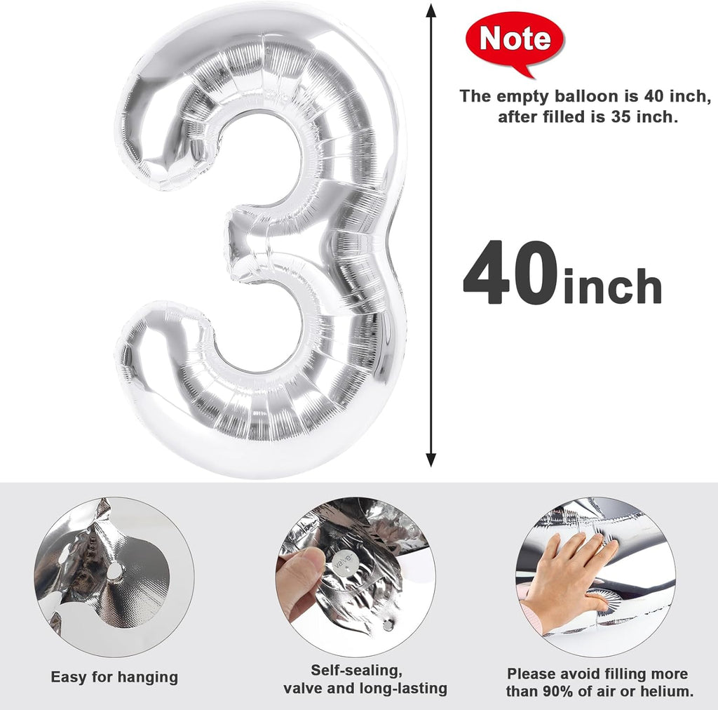 Numbers Balloon - 40 Inch Large Silver 3 Balloon for Birthday Party Decor | Perfect for Three-Year-Old Celebrations