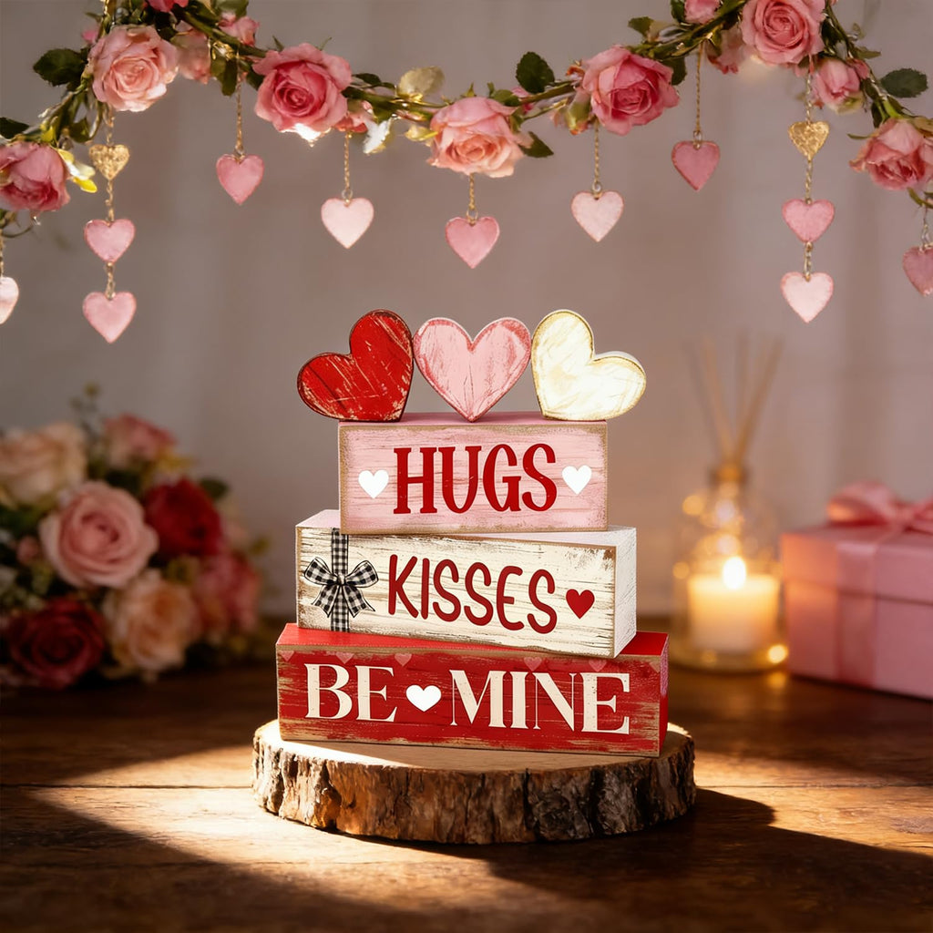 Valentines Day Decorations - Valentine Tiered Tray Decor Set - Wooden Table Decoration with Heart Signs - Rustic Farmhouse Valentine’s Day Home Decor Indoor for Shelf Mantel Coffee Table Gift
