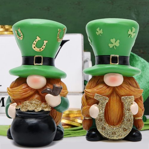 Hodao St. Patrick's Day Gnome Decorations - 2 PCS Green Elf Figurines for Home Table Decor