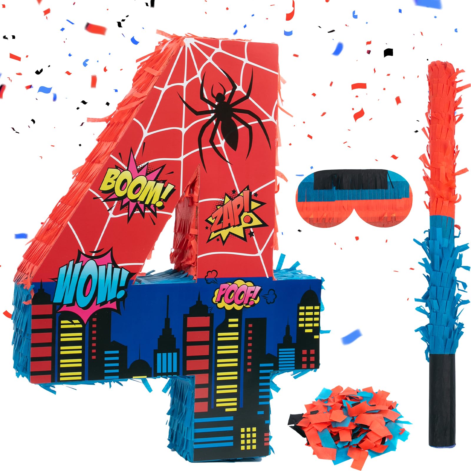 Number 4 Spider Pinata Bundle with 16 Inch Piñata Stick Blindfold Confetti for Hero Birthday Party Decoration Anniversary Celebration Gift Spider Party Favors for Kids, 16 x 11.6 x 2.4 Inch