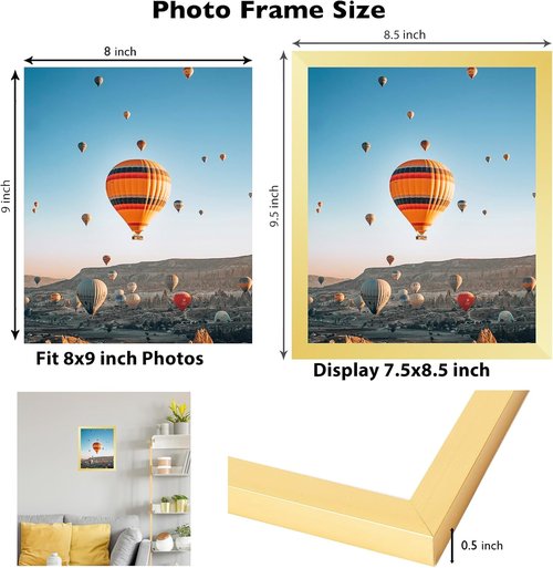JCJMY 8x9 Gold Picture Frame - Versatile Wall Hanging or Tabletop Display with Shatter-Resistant Plexiglass