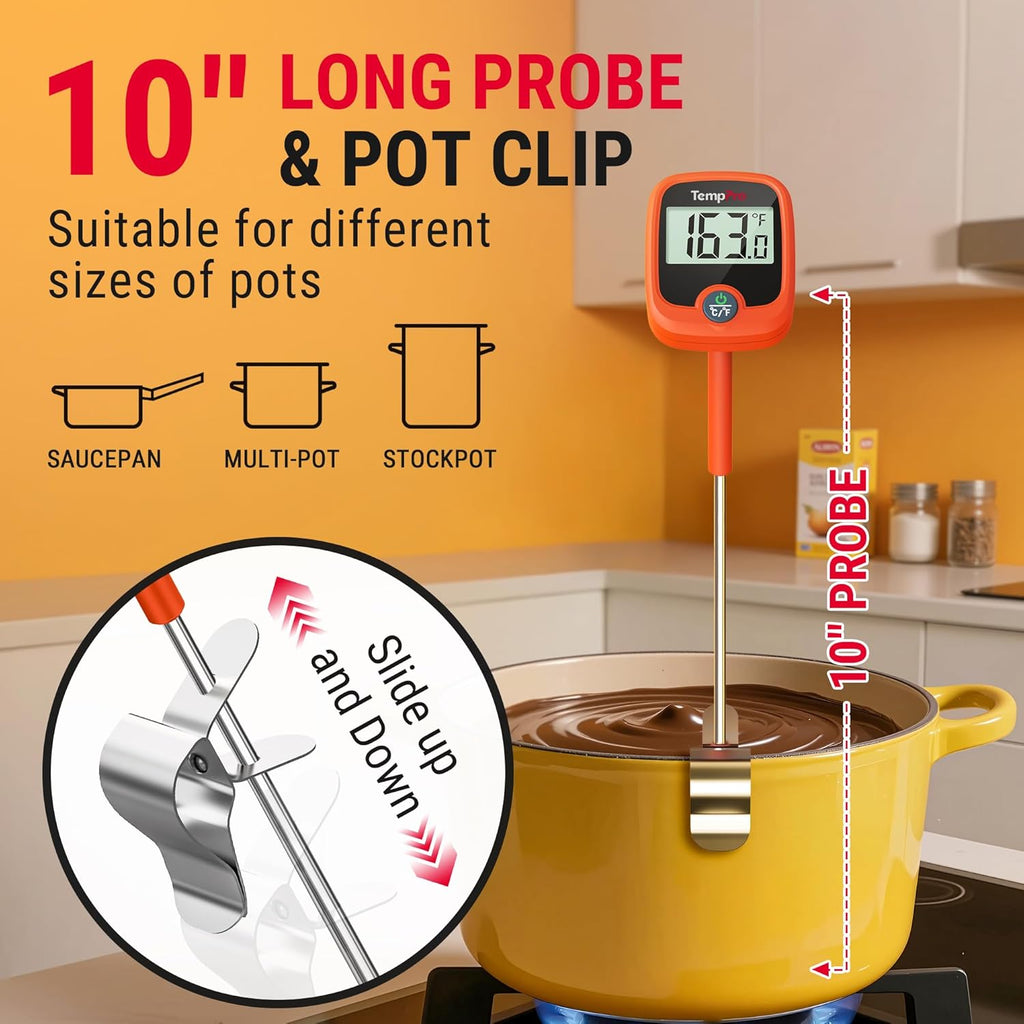 TempPro Candy Thermometer - Instant Read 10" Long Probe with Pot Clip & LCD Display for Cooking Oil & Sugar