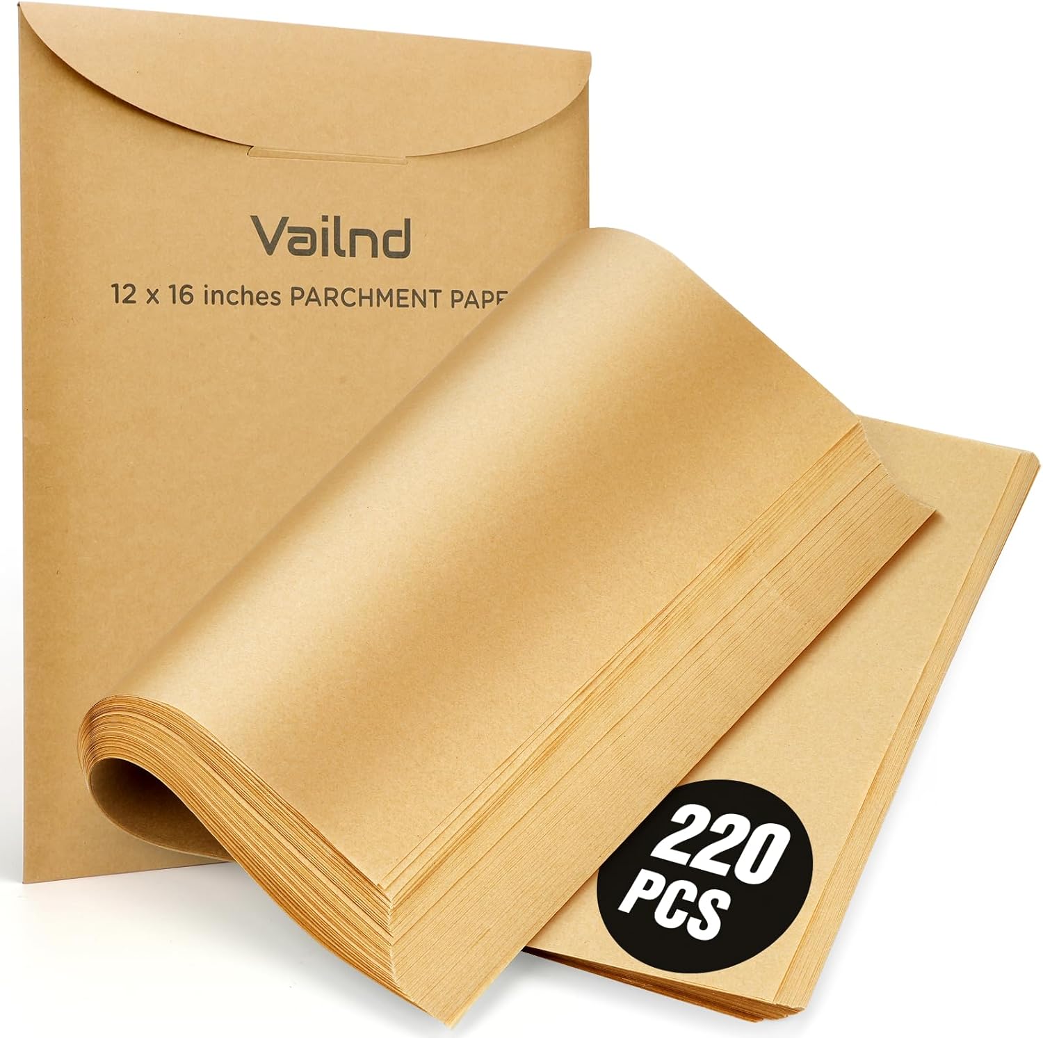 Vailnd Unbleached Parchment Paper Sheets - 220 Pcs Non-Stick, Lay Flat, 12'' x 16'' for Baking & Cooking