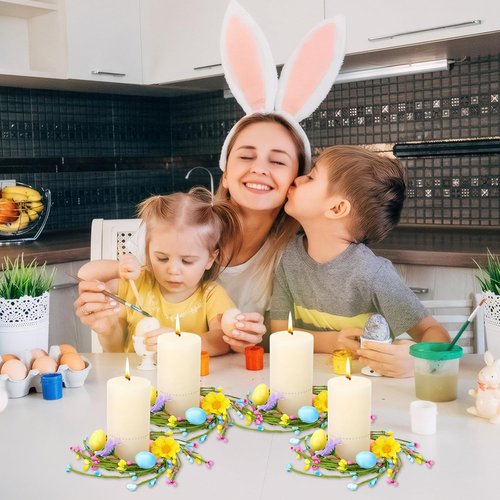 Jansun Easter Candle Rings - 4 Pcs Mini Wreaths with Pink & Blue Eggs | Perfect for Table Centerpieces