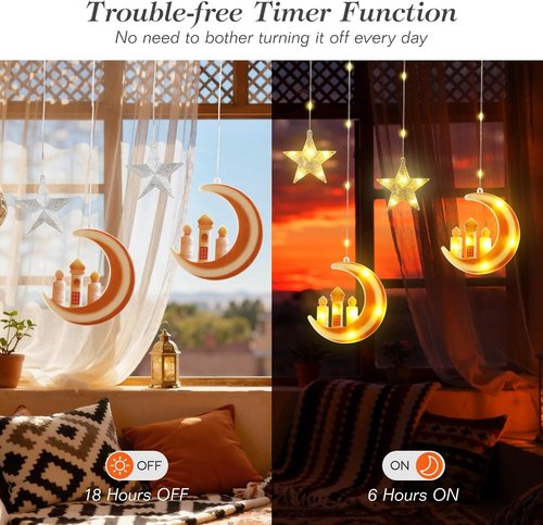 Lewondr Curtain String Lights - 138 LED Moon & Star Fairy Lights with Remote Control | USB Powered, 8 Modes, Orange