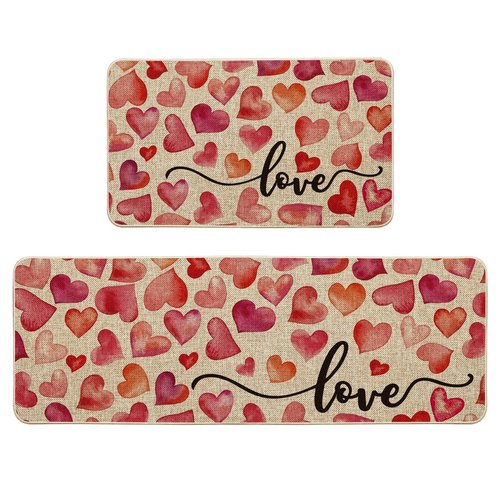 Artoid Mode Love Heart Valentines Kitchen Mats Set of 2, Home Decor Low-Profile Kitchen Rugs for Floor - 17x29 and 17x47 Inch