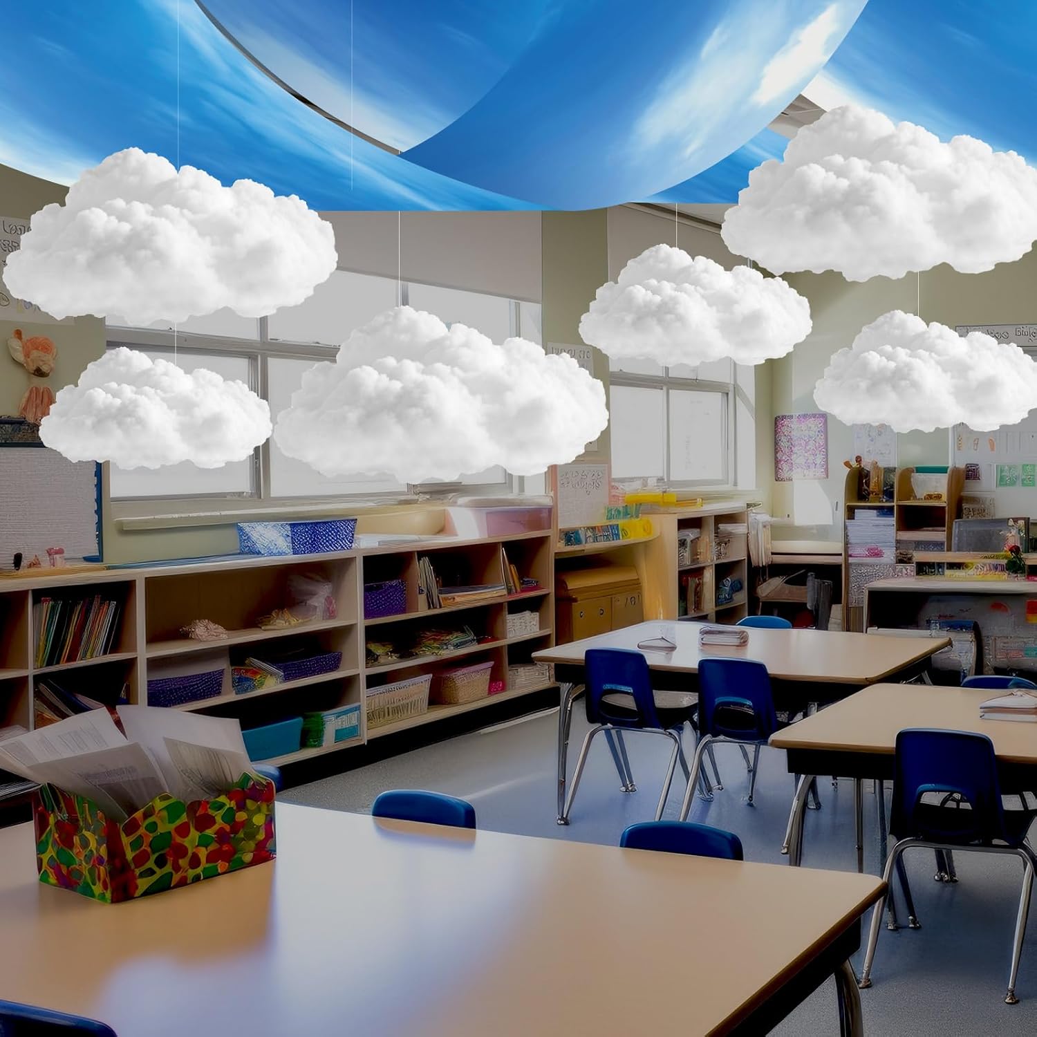 VioraWhite 9 Pcs Blue Sky White Cloud Ceiling Decor - 12x2 Ft Fluorescent Light Covers & 3D Cloud Props