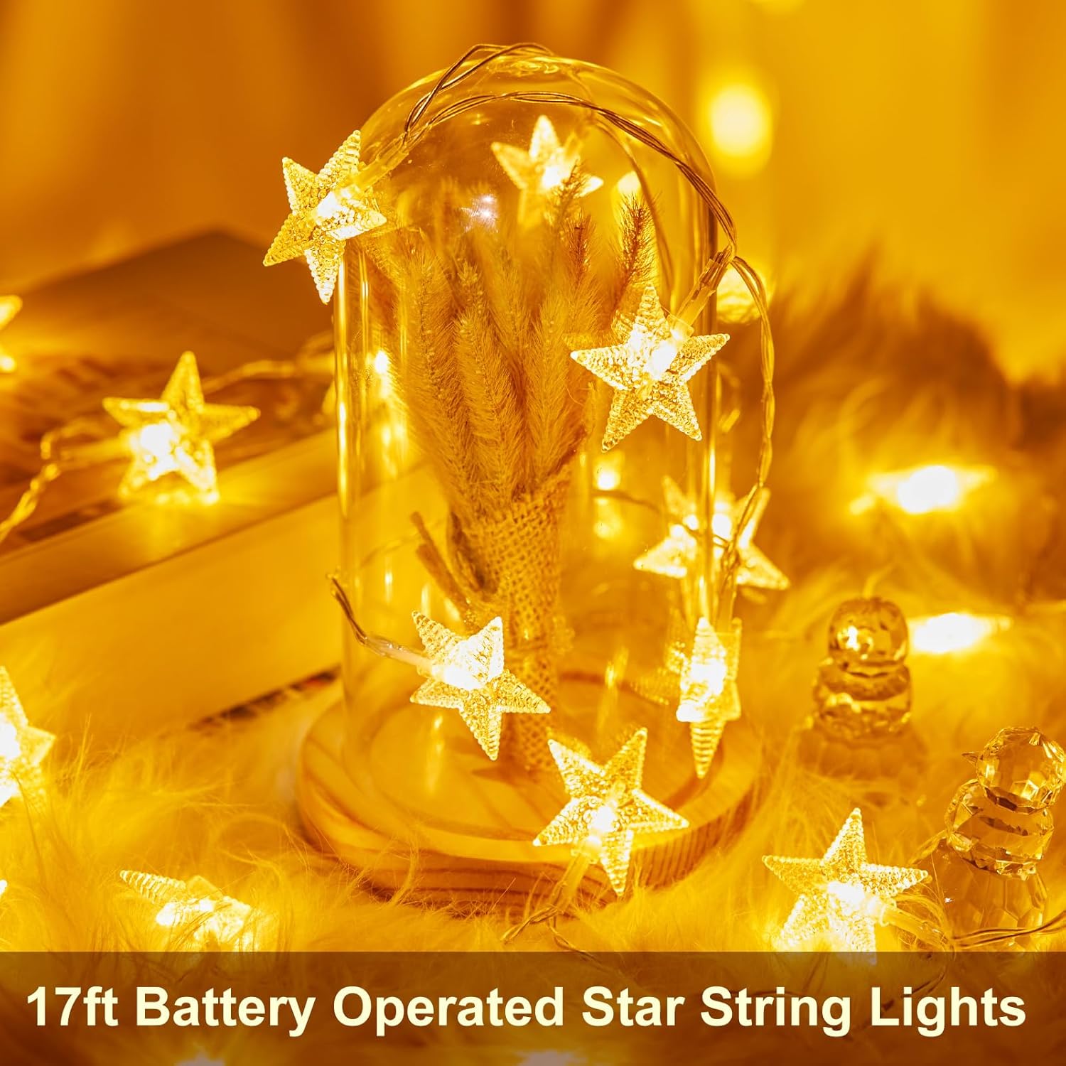 Minetom Star String Lights - 50 LED Battery Operated Fairy Lights | 17 ft Waterproof Warm White for Indoor & Outdoor Decor
