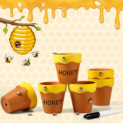 Leinuosen 12 Pcs Honey Bee Pot, 3 Inch Honey Jars for Cupcake, Planter, Bee Themed Party Favors for Baby Shower 1st Birthday Party Supplies and Wedding Gifts (Yellow and Brown)