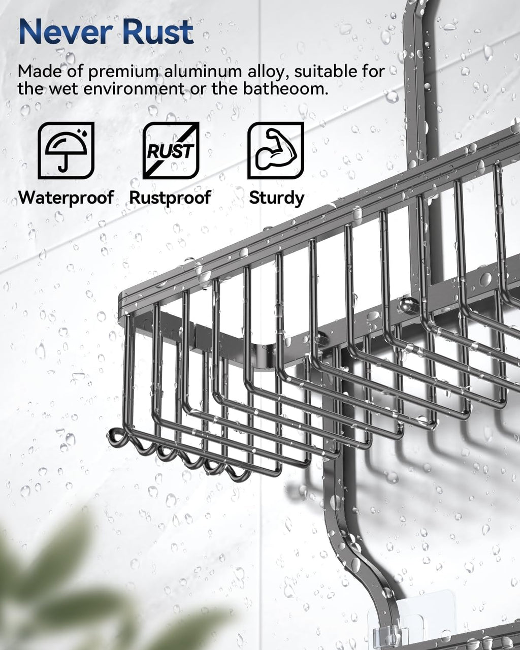 YASONIC Shower Caddy - Durable Aluminum Organizer with 10 Hooks & Soap Basket - Grey