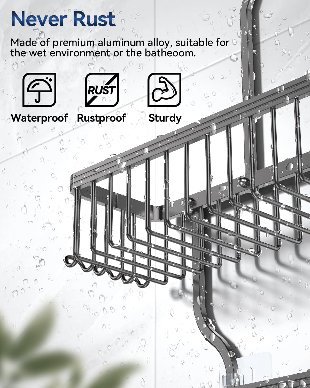 YASONIC Shower Caddy - Durable Aluminum Organizer with 10 Hooks & Soap Basket - Grey