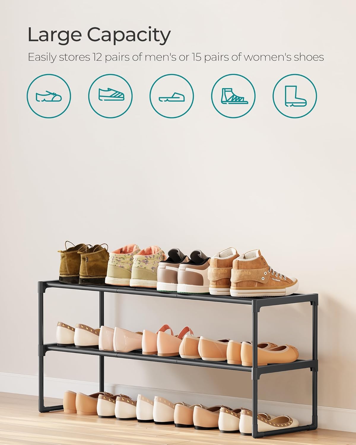 SONGMICS 2-Tier Shoe Rack - Stackable Metal Organizer for 12-15 Pairs | Black, 11.8 x 36.2 x 14.6 Inches