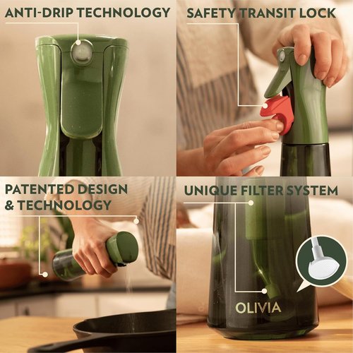 FLAIROSOL OLIVIA Oil Sprayer - 200ml Glass Olive Oil Dispenser with Portion Control | Perfect for Cooking, BBQ & Salads (Green Bottle, Gold Print)