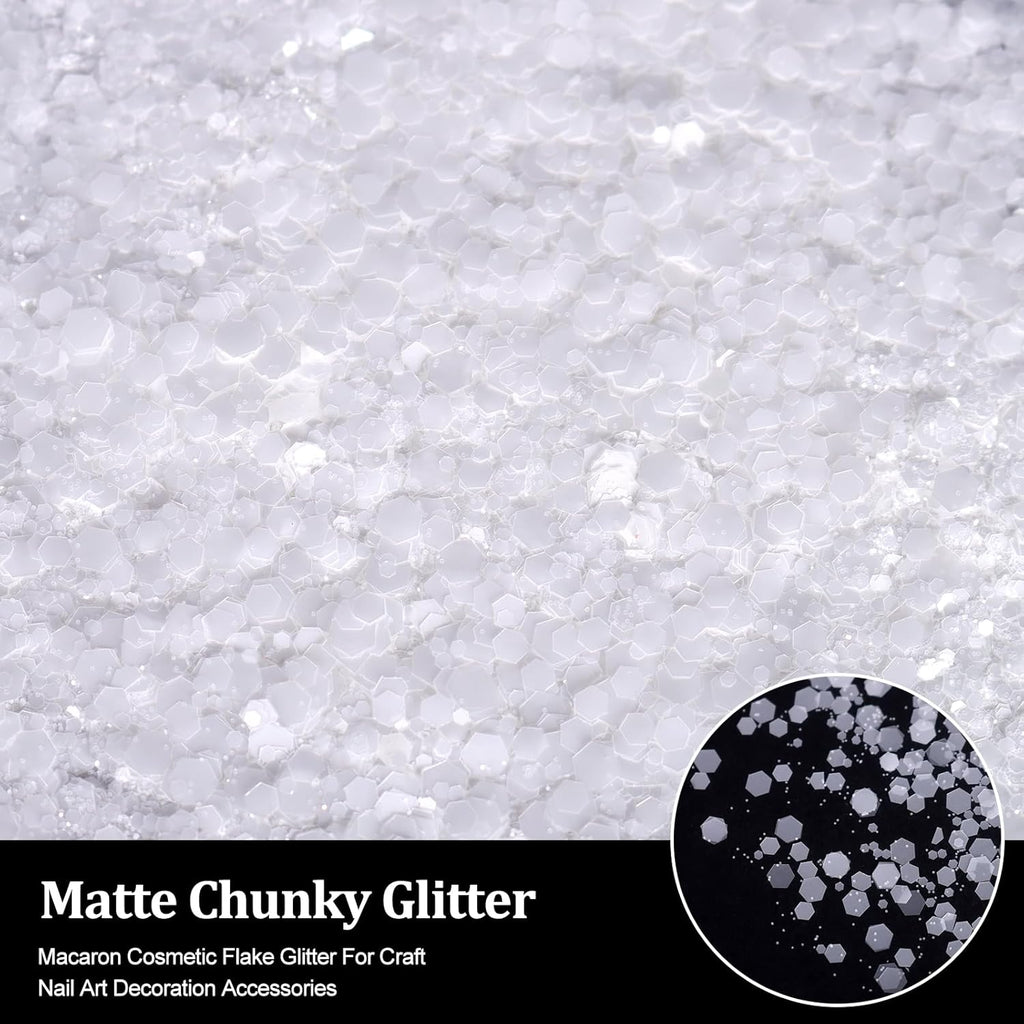 Renvio Matte White Chunky Glitter - 1.76oz Mixed Resin Glitter for Crafts, Snow Globes & Decorations