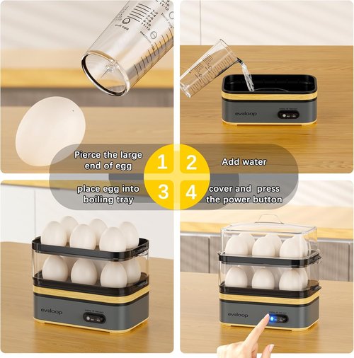 Evoloop Rapid Egg Cooker - Electric 12-Egg Capacity | Soft, Medium, Hard Boiled & Poached Eggs, BPA-Free Tray (Grey)