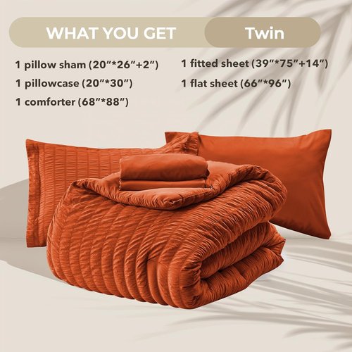 HYMOKEGE Twin Comforter Set - Burnt Orange Seersucker 5-Piece Luxury Bedding Set | All-Season Comfort